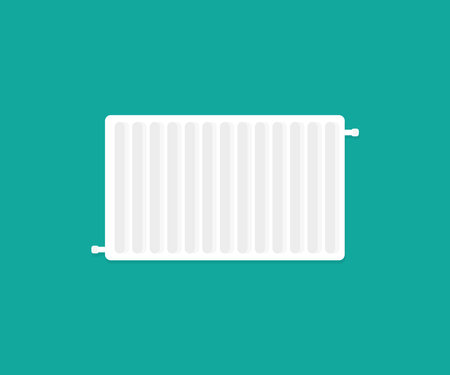Home heating radiator logo design.  Central heater radiator on wall of room with thermostat, valve and pipe.  Heat system in house. Iron heating equipment in front vector design.のイラスト素材