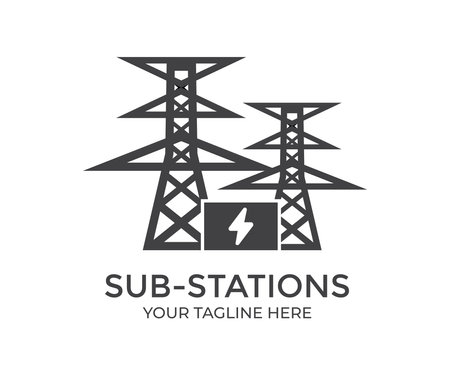 Electric power substation, sub-station with power lines and transformers logo design. High voltage power substation vector design and illustration.のイラスト素材
