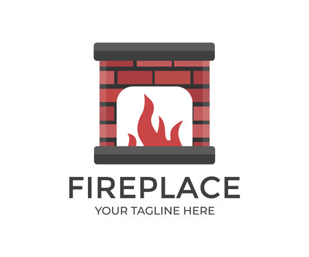 A brick fireplace in which a fire burns logo design. Furnace made of stone and redbrick, vector design and illustration.のイラスト素材