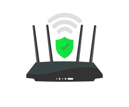 Wireless router concept, security, business communication social network concept logo design. Black wireless  wi-fi router with black antennae. Technology wifi button vector designのイラスト素材
