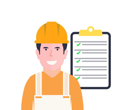 Building engineer, architect people or construction worker working   design. Building construction engineering project concept, construction checklist, inspection vector designのイラスト素材