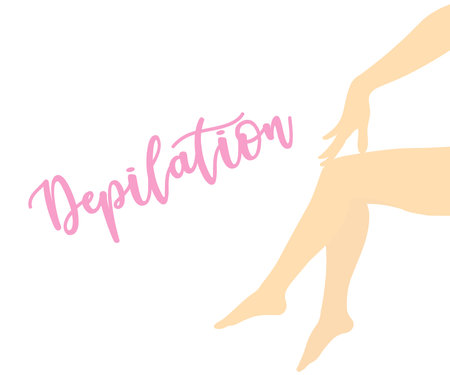 Beautiful legs after depilation. Healthcare, foot care, routine treatment  design. Spa and epilation. Woman touches her legs by hands vector design and illustration.のイラスト素材