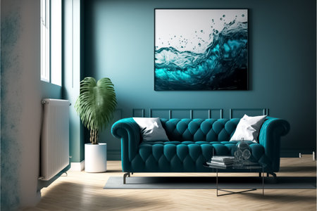 Background livingroom, aqua blue colors, luxury interior, sofa luxury, aqua blue cabinets furniture, modern. generative AIの素材