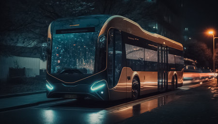Future of urban autonomous mobility city bus. public transport. Autonomous electric bus self driving on night street. generative AIの素材