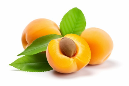 Apricots. Apricot isolated on white background. Whole apricot with half and leaf. generative aiの素材