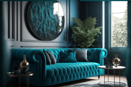 Background living room, aqua blue colors, luxury interior, aqua blue cabinets furniture, modern. generative AIの素材