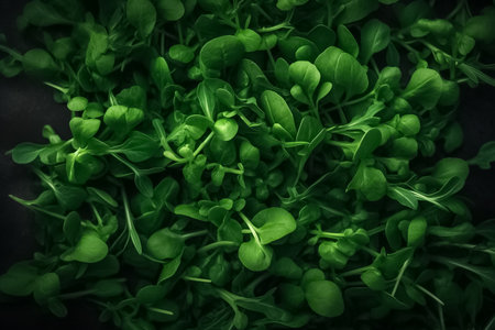 Top view on fresh organic arugula leaves. Versatile and nutritious vegetables, super green with antioxidants. Healthy green food and vegan background. generative aiの素材