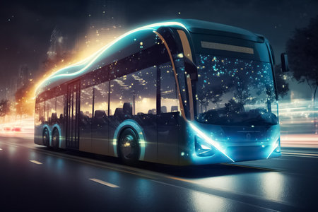 Future of urban autonomous mobility city bus. public transport. Autonomous electric bus self driving on night street. generative AIの素材