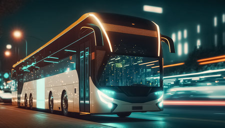 Future of urban autonomous mobility city bus. public transport. Autonomous electric bus self driving on night street. generative aiの素材
