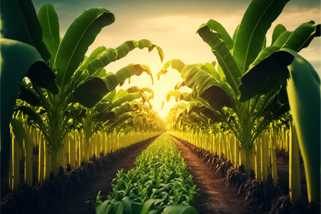 Banana plantation Organic Crop. Beautiful agricultural background. Banana plantation Organic Crop. Rural landscape banana palm field. generative AIの素材