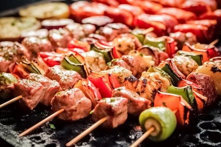 Delicious vegetable and meat skewer on grill. Dinner party, barbecue.の素材