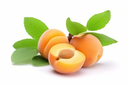 Apricots. Apricot isolated on white background. Whole apricot with half and leaf. Three fresh apricot fruits isolated on white background. generative aiの素材
