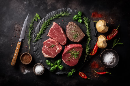 raw meat. Pork and beef assorted raw steaks on a wooden board. On a dark background. top view. copyspace. generative aiの素材