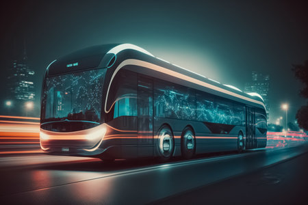 Future of urban autonomous mobility city bus. public transport. Autonomous electric bus self driving on night street. generative AIの素材