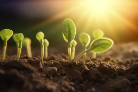 Bean seedling growing. Growth Tree concept. Green bean sprouts on soil in the vegetable garden. generative aiの素材