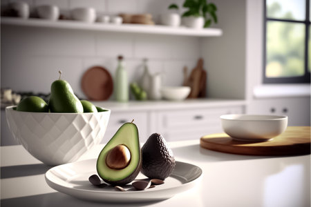 Fresh Avocado in a white plate, on a white table kitchen. The concept of weight loss, eating healthy. generative AIの素材