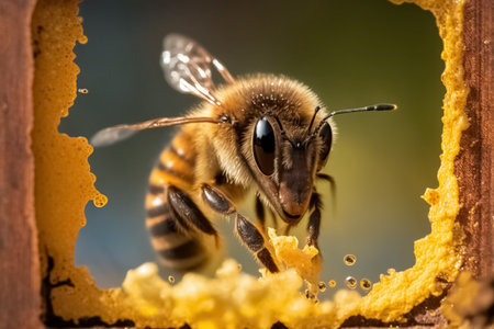 Honey bee sits on a frame in front of a blurred background. A honey bee eats honey. life of bees. Reproduction of bees. generative aiの素材