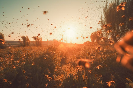 Swarm of honey bees. View of flying honey bees in a swarm on sunlight. generative aiの素材