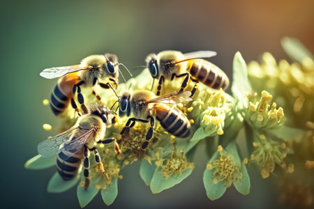 Group of bees on a flower. Honeybees harvesting pollen from blooming flowers. Honey bees covered with yellow pollen collecting nectar from dandelion flower. generative AIの素材