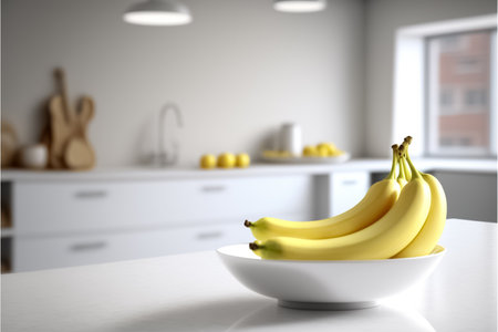 Fresh sweet yellow banana in a white plate, on a white table kitchen. The concept of weight loss, eating healthy. generative AIの素材