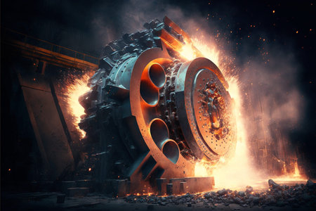 A giant metal factory with molten metal being, metallurgical industry. Generative AIの素材