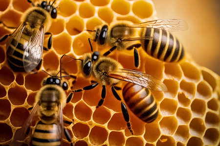 Close up view of the group of working bees on honey cells, honeycomb. Beekeeping and honey production. Bees in a beehive on honeycomb. working bees. Harvesting honey. generative AIの素材