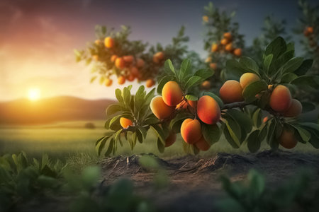 A bunch of ripe apricots on a branch at sunset. generative AIの素材