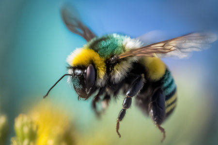 Close up of bumble-bee flying and collecting nectar pollen around garden. The subject of entomology, pollination, insect collection. generative aiの素材