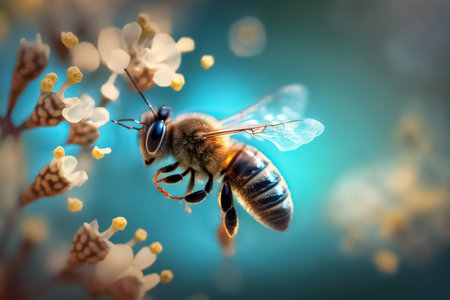Flying honey bee collecting pollen on a flower at and collects nectar. springtime. seasonal background. generative aiの素材