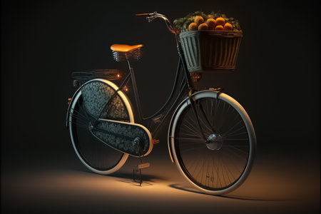 Stylish bike with a basket stands on the street, city lifestyle. Bicycle with basket or fruits. generative AIの素材