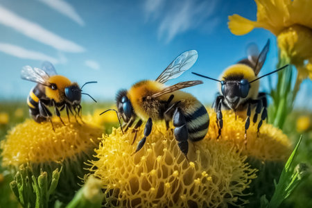 Group of honey bees covered collecting nectar from dandelion flower. Honey bee pollinating flowers on spring. Important for environment ecology sustainability. generative AIの素材