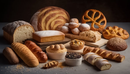 Heap of fresh baked bread on wooden background. Assortment of fresh delicious baked bread on dark background. generative aiの素材
