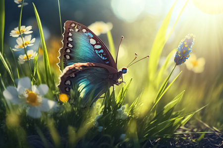 Beautiful bright blue butterfly resting on blossoms and grass. Blurred, sunlight spring nature background. springtime. Flowers and Plants on a Sunny Background.の素材