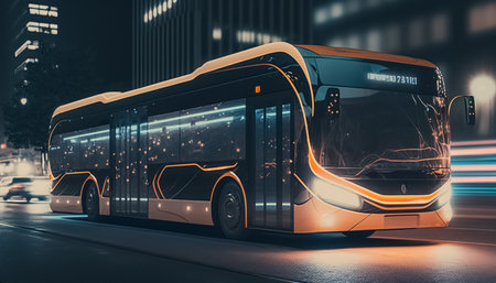Future of urban autonomous mobility city bus. public transport. Autonomous electric bus self driving on night street. generative AIの素材