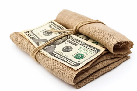 American dollar bills in a bag of burlap isolated on white background. Finance, capital investment, business. generative aiの素材