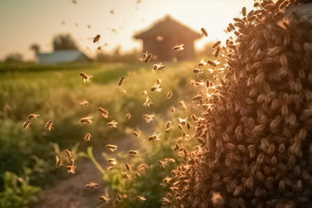 Swarm of bees in flight. Bee hive - bee breeding. Honey bees swarming and flying around. The concept of beekeeping and keeping bees. generative aiの素材
