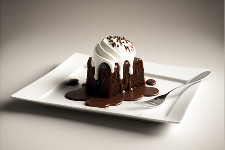Hot chocolate brownie dessert on a white plate with a fork.の素材