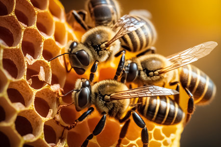 Close up view of the working bees on honey cells, honeycomb. Beekeeping and honey production. Bees in a beehive on honeycomb. working bees. Beekeeping concept. Harvesting honey.の素材