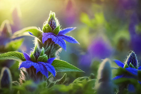 Spring or summer nature scene with blooming borage blossom flowers. Spring background nature on a sunny day.の素材
