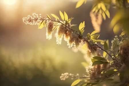 Flowering willow. Willow branches with fluffy catkins in the forest on a blurred background.の素材