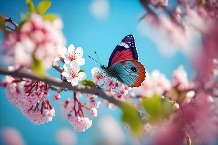 Branches of pink cherry blossoms and fluttering butterflies against a blue sky. Beautiful blurred spring floral background nature.の素材