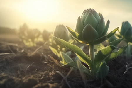 Farm field with green artichoke plants with rope flower. organic vegetables. Healthy vegan delicacy food. Seasonal healthy eating. organic gardening.の素材