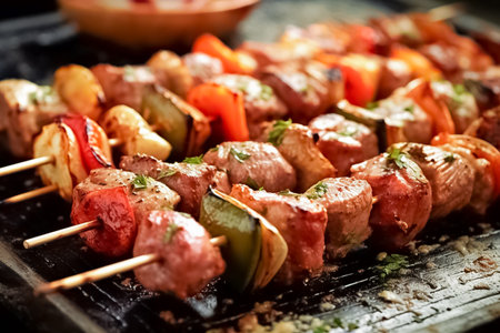 Delicious grilled meat skewers with vegetables, shashlik. BBQ time. Barbecue party.の素材
