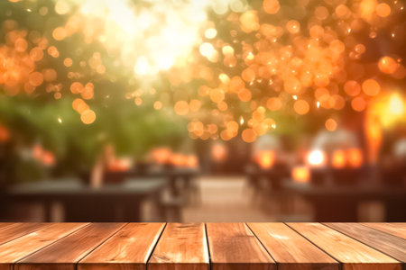 Empty wooden table for product placement or montage with focus to the table top. restaurant lights background. generative aiの素材
