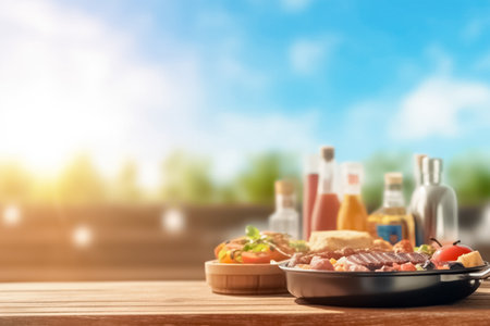 Wooden table and blurred sunset for product and merchandise display. Time for barbecue. generative aiの素材