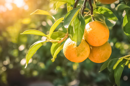 Closeup photo of a bunch of orange hanging on a orange tree branch in sunlight.の素材