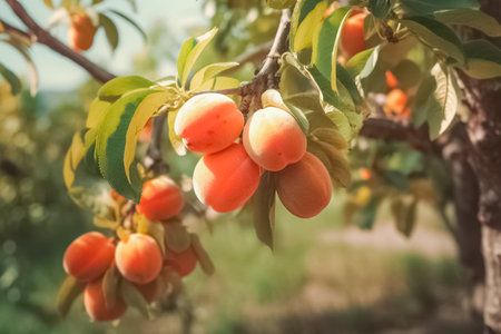 Closeup photo of a bunch of orange hanging on a orange tree branch in sunlight.の素材