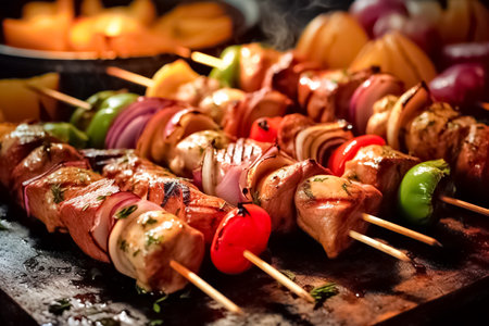 Delicious grilled meat with vegetables on a barbecue. Summer or spring barbecue outdoors.の素材