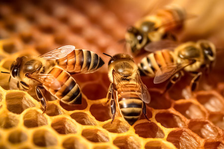Close up view of the working bees on honey cells. Bees on honeycomb.の素材
