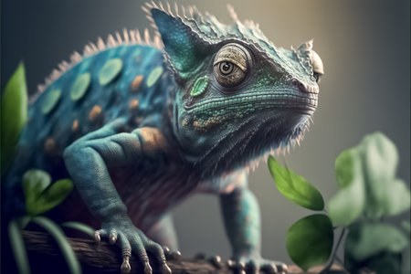 Close up of a beautiful brightly colored chameleon on a branch. endemic chameleon. Chameleon looking away. generative AIの素材